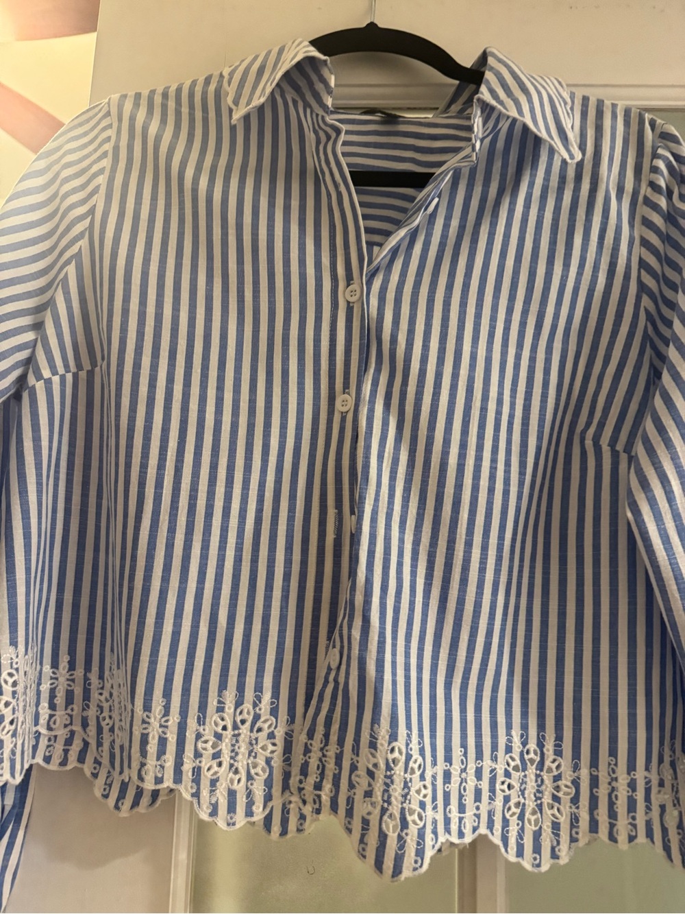 Aqua Blue & White Striped Button-Down Shirt with Eyelet Hem